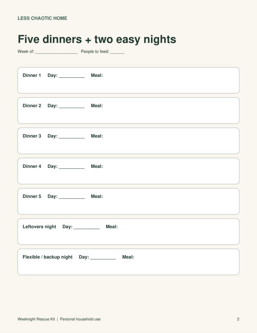 Actual preview of the kit's five-dinner weekly meal planner